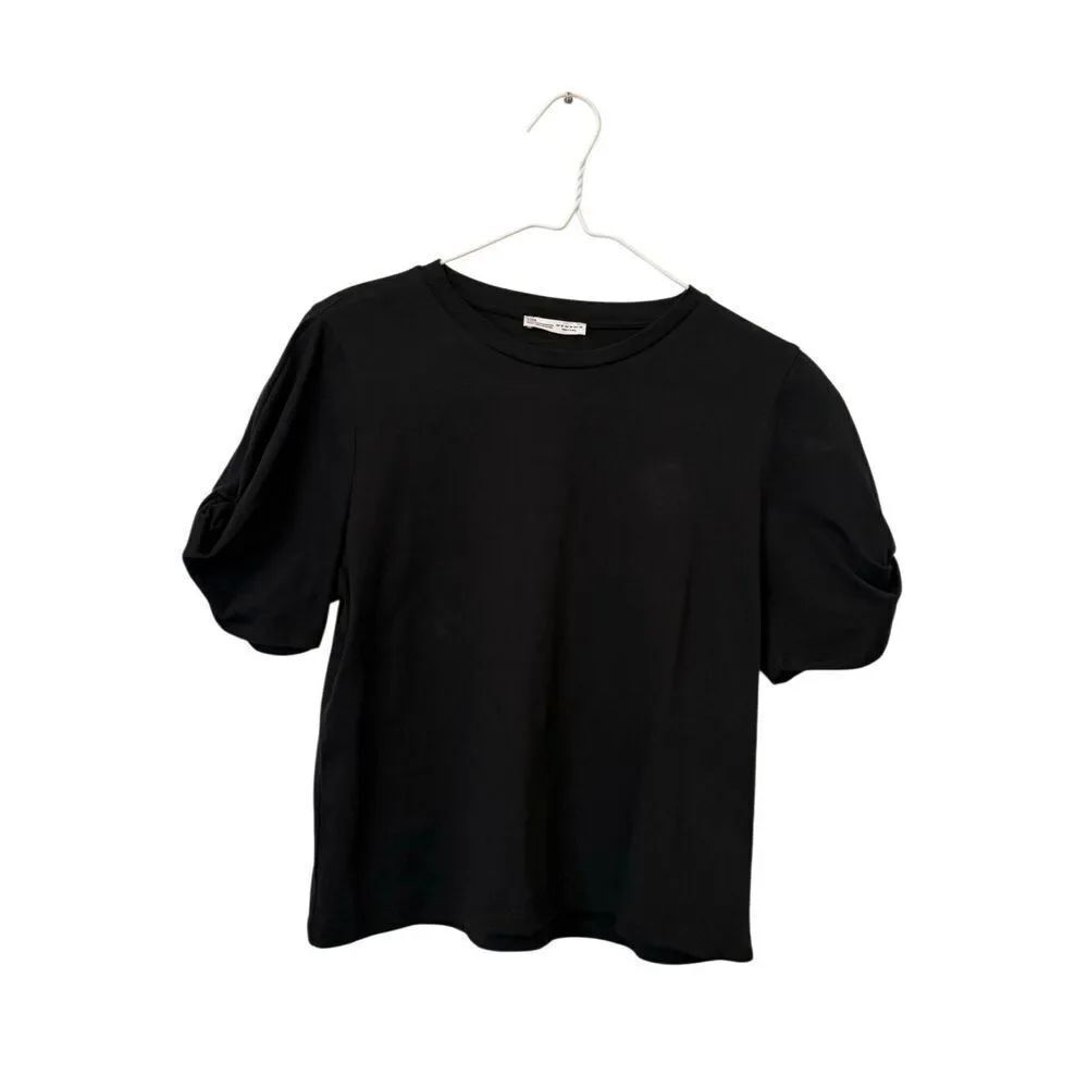 Zara Basic Collection Crew Neck Short Twisted Puff Sleeve Top Black Size Medium